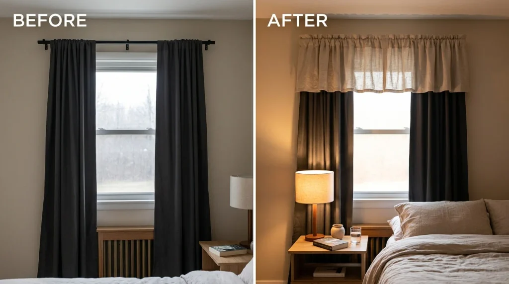 No Sew Window Valance Ideas: 30 Easy DIY Looks for Any Room 8 Before and after bedroom valance layered over blackout curtains