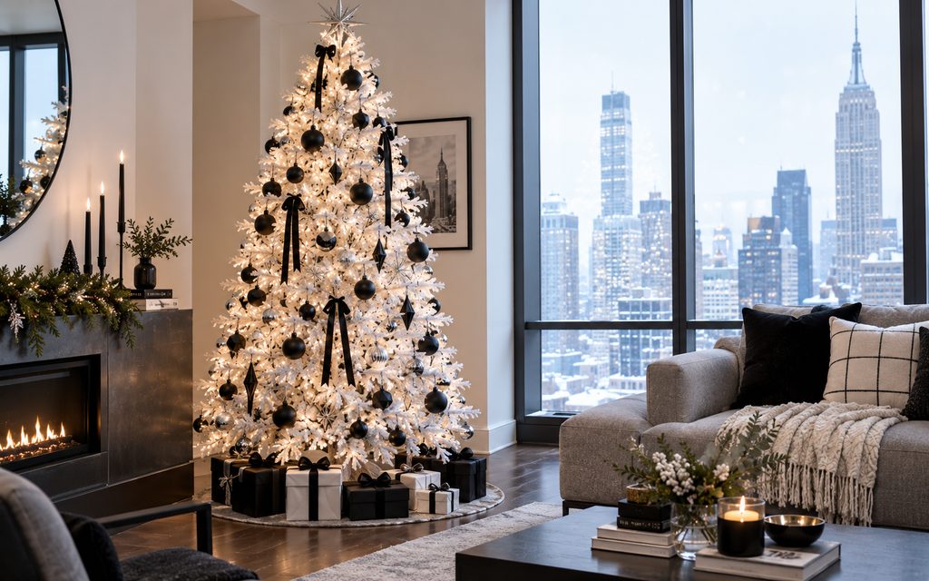 13 Beautiful White Christmas Tree Decorating Ideas for a Magical 2026 Holiday 7 Black white tree
