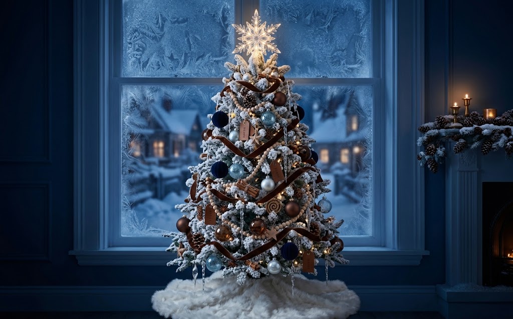 Blue and silver christmas tree ideas 2026 on a flocked tree with icicles and snowflake topper