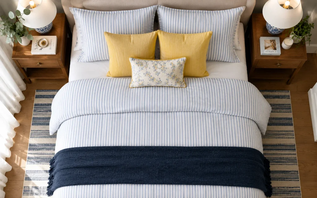 17 Bedroom Decor Ideas for a Girl: Cozy, Chic & Aesthetic 10 Blue girls bedroom decor ideas with striped bedding and a navy throw