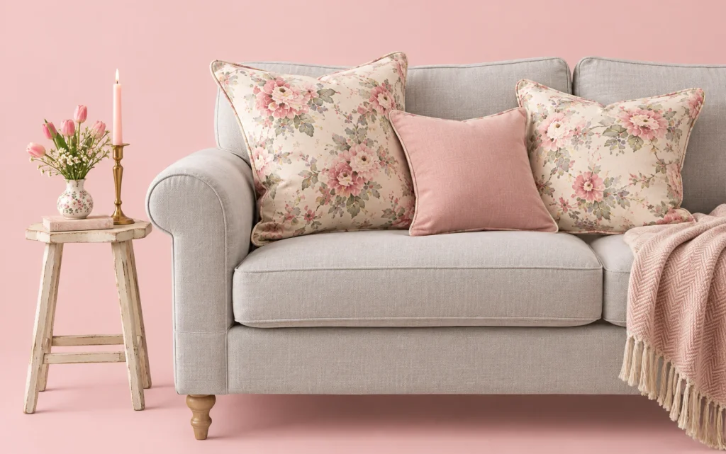 21 Living Room Decor Ideas Floral: Bright, Pretty & Cozy 14 Blush floral pillows on a light gray couch