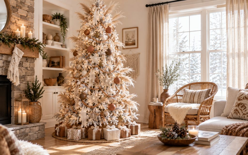 13 Beautiful White Christmas Tree Decorating Ideas for a Magical 2026 Holiday 10 Boho pampas tree