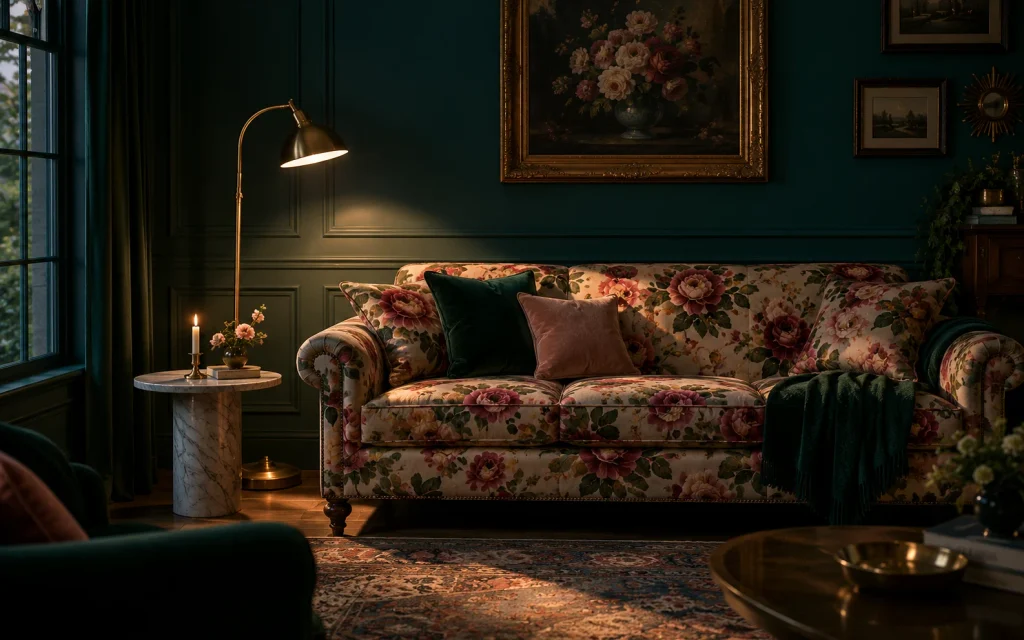  Bold floral couch under a spotlight in a dark teal living room