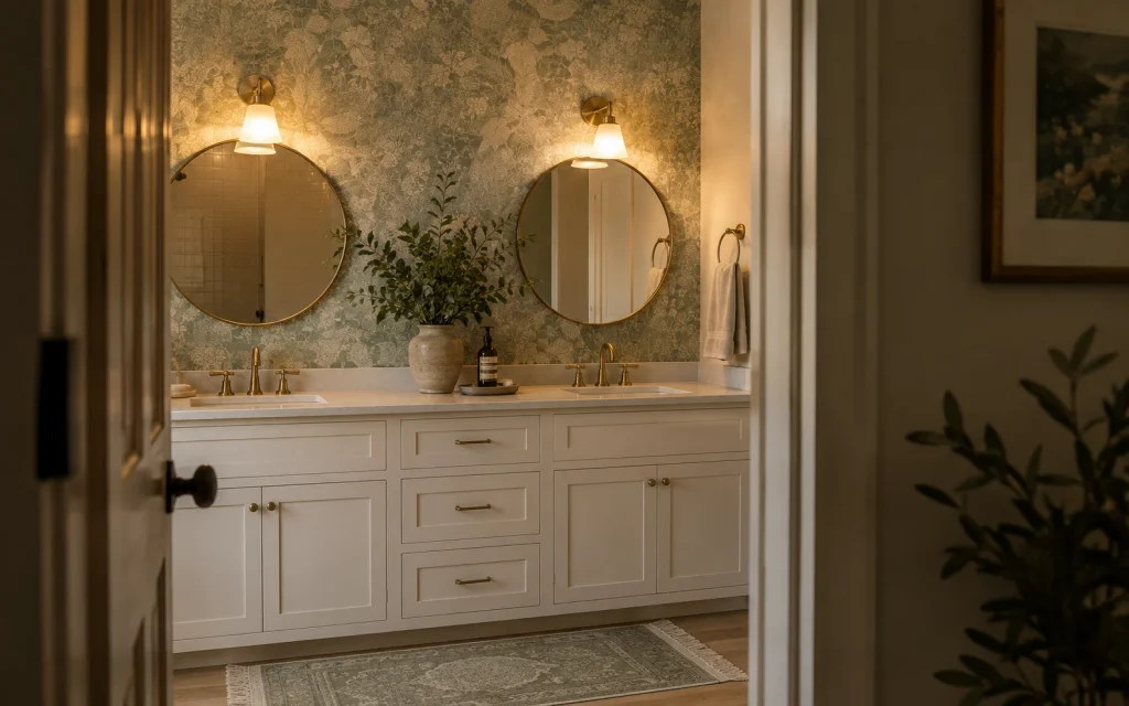  Botanical wallpaper behind a double vanity with two round mirrors