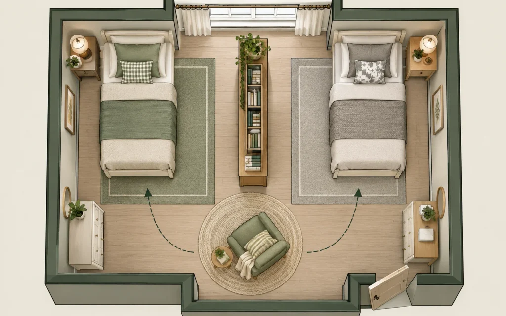 17 Bedroom Decor Ideas for a Girl: Cozy, Chic & Aesthetic 16 Floor plan of a boy and girl shared bedroom with two zones