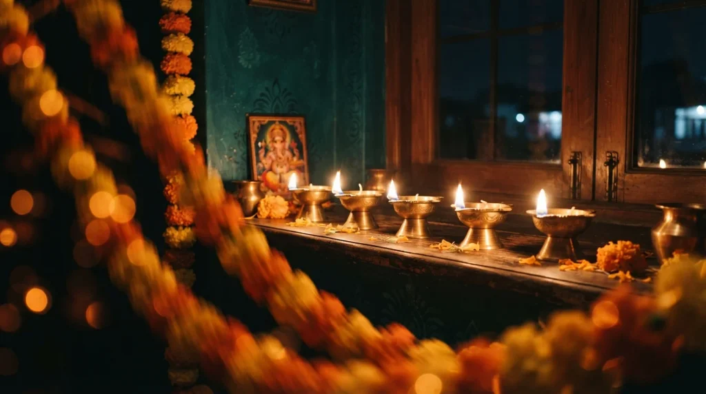 18 Budget Friendly Living Room Makeover: Cozy, Bold & Easy 16 Glowing brass diyas and a marigold garland on a living room windowsill
