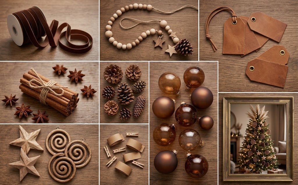 Brown christmas tree ideas 2026 flat-lay with chocolate ribbon, wooden beads, leather tags, and cinnamon