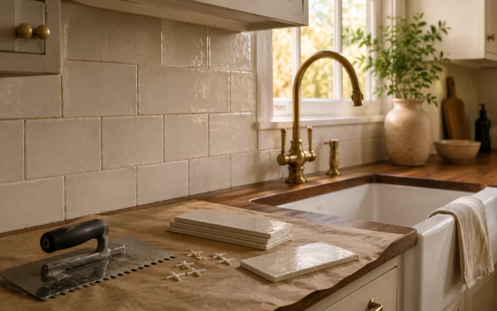 How to Remodel a Kitchen on a Budget: 18 Smart Ideas 7 Creamy handmade-look backsplash tile installed between kitchen cabinets and countertop