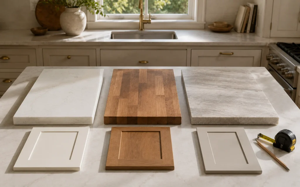 How to Remodel a Kitchen on a Budget: 18 Smart Ideas 6 Kitchen countertop material samples compared with cabinet finishes during a remodel