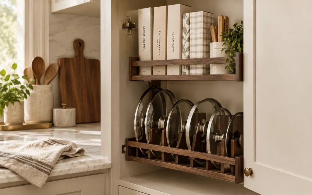 Affordable Tips to Organize Kitchen: 16 Easy Pinterest Ideas 3 Cabinet door rack holding wraps and pot lids in neutral tones