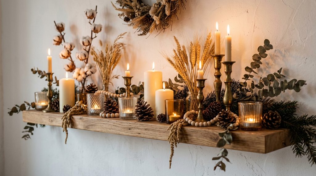 15 Dreamy Boho Christmas Living Room Ideas for a Cozy 2026 Makeover 11 Candle cluster shelf