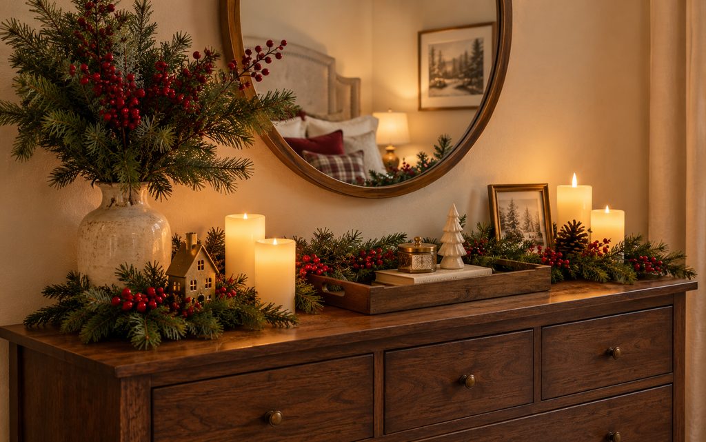10 Cozy Christmas Bedroom Decor Ideas for Warm Winter Nights in 2026 7 Candlelit dresser display