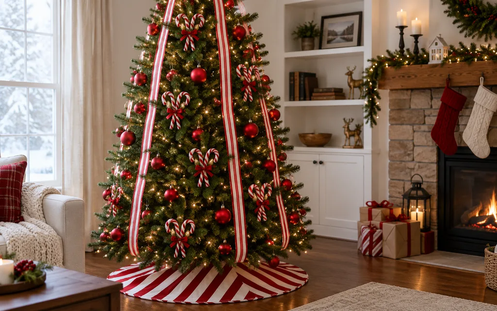 18 Jaw Dropping Grinch Tree Decorations you Need to Try this Holiday Season that will Turn Heads 3 Candy cane striped ribbon on a tree