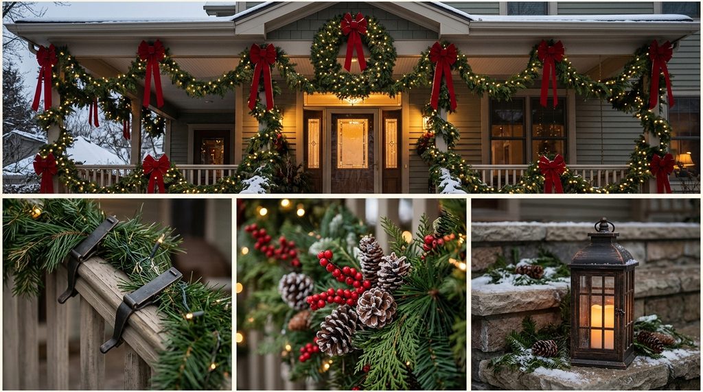How to Add a Porch Canopy: 13 Stylish Ideas 11 Christmas decorations on an entry canopy with evergreen garland, lights, and red velvet bows