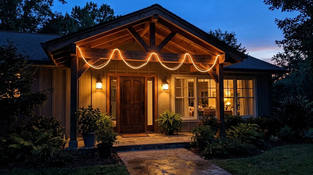 How to Add a Porch Canopy: 13 Stylish Ideas 10 Entry canopy lights with warm white string lights glowing at dusk over a front door