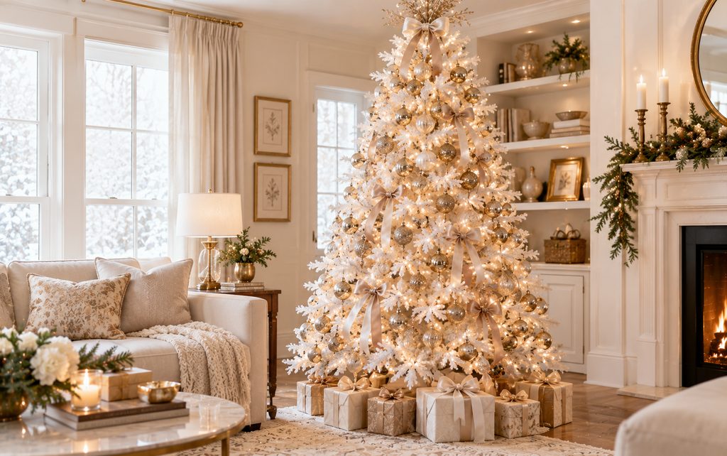 13 Beautiful White Christmas Tree Decorating Ideas for a Magical 2026 Holiday 1 Champagne gold tree