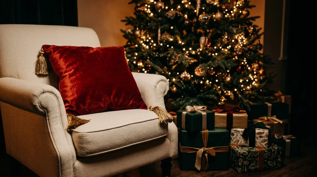 Placemat Pillow Ideas: 27 Easy No-Sew DIY Projects to Try 17 Red velvet Christmas placemat pillow beside a lit tree