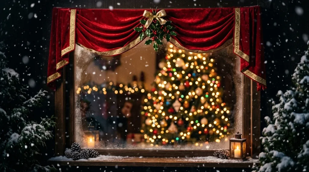 No Sew Window Valance Ideas: 30 Easy DIY Looks for Any Room 23 Red velvet Christmas window valance with gold ribbon and holly