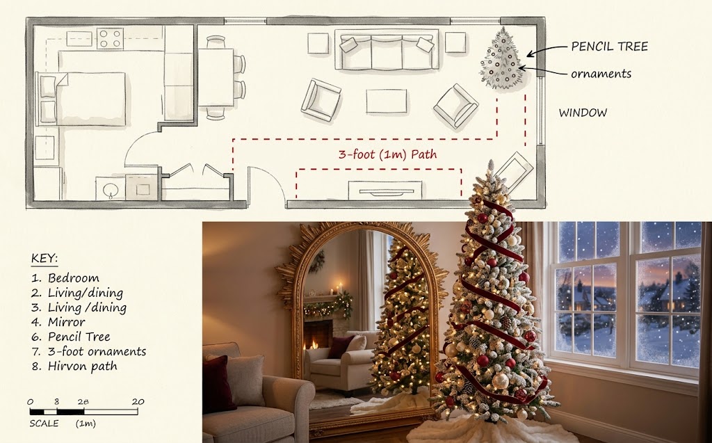 Slim christmas tree placed in an apartment corner with a mirror and marked walking path