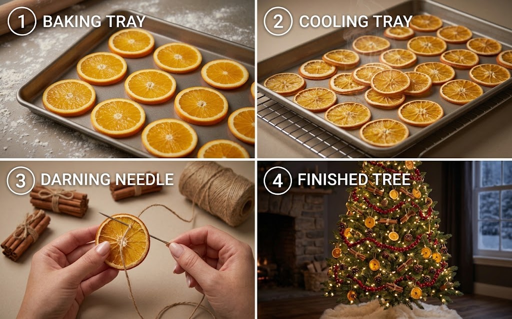 Dried orange slice christmas tree 2026 steps with cinnamon bundles and a cranberry garland