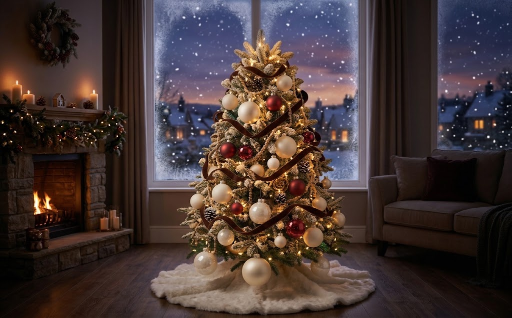 Flocked snowy christmas tree with warm lights, red ornaments, and pinecones in a living room