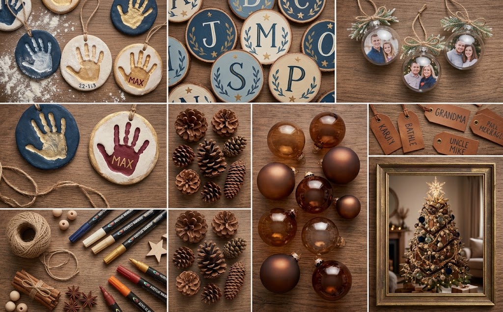 Handmade keepsake christmas tree with salt dough handprints, wood slices, and family photo ornaments