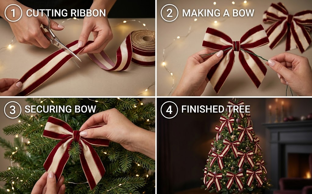 Four steps for tying velvet bows on a christmas tree 2026 with a finished bow-covered 