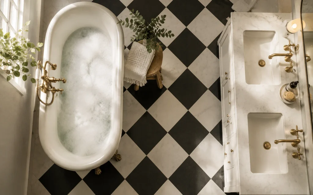 Top view of a claw foot tub beside a double vanity on a checkerboard floor