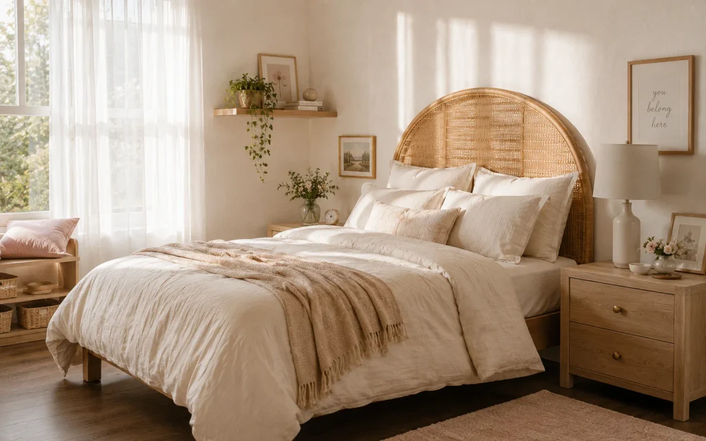 17 Bedroom Decor Ideas for a Girl: Cozy, Chic & Aesthetic 2 Clean girl bedroom ideas with cream linen bedding and a rattan headboard