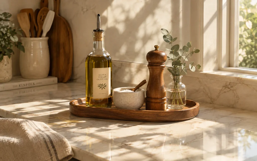 Affordable Tips to Organize Kitchen: 16 Easy Pinterest Ideas 6 Wooden tray with oil, salt, and pepper on a clear marble kitchen counter