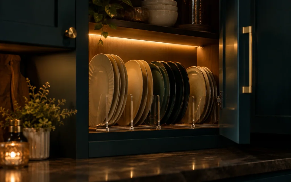 Affordable Tips to Organize Kitchen: 16 Easy Pinterest Ideas 5 Plates in clear dividers inside a moody teal kitchen cupboard