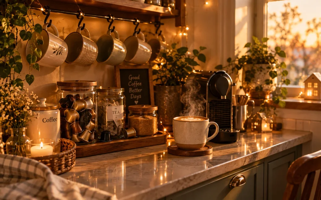 Affordable Tips to Organize Kitchen: 16 Easy Pinterest Ideas 7 : Cozy coffee station with a mug rack and jars on a small kitchen counter