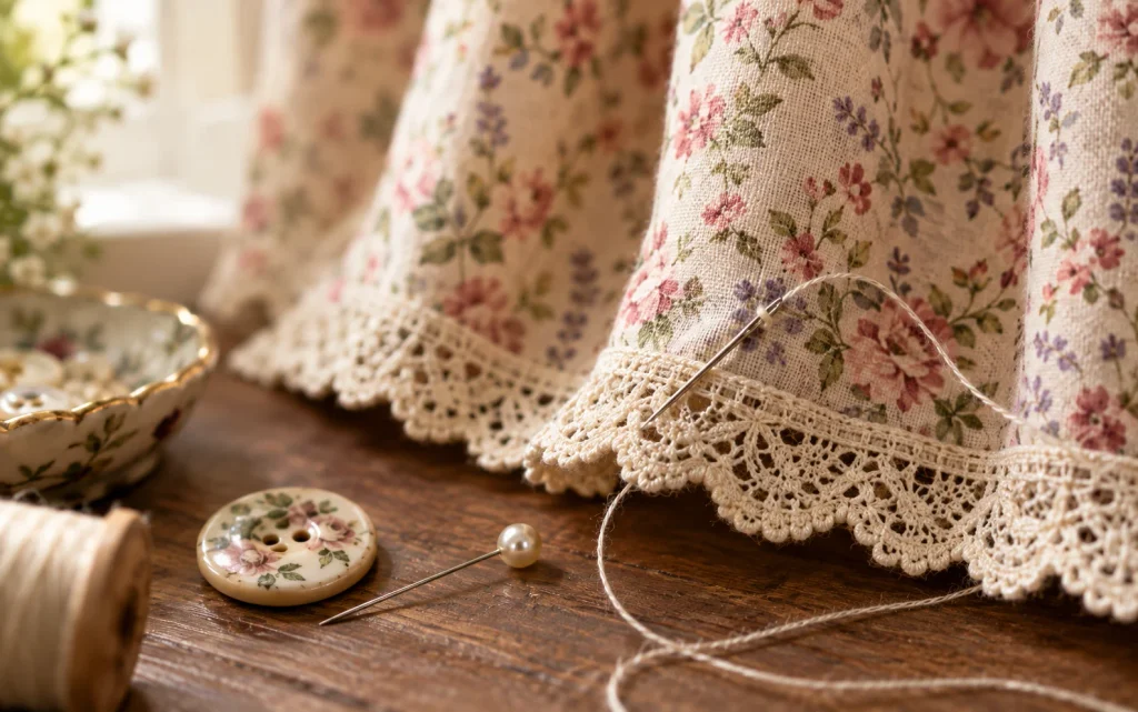 21 Living Room Decor Ideas Floral: Bright, Pretty & Cozy 8 Close-up of cottage floral curtain fabric with lace trim
