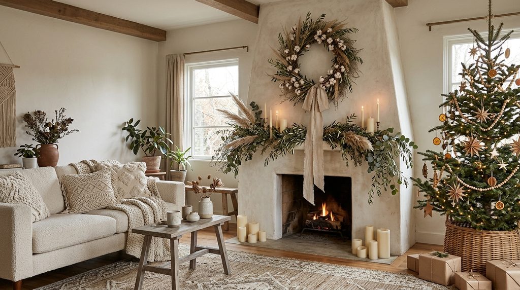 15 Dreamy Boho Christmas Living Room Ideas for a Cozy 2026 Makeover 14 Cotton stem wreath