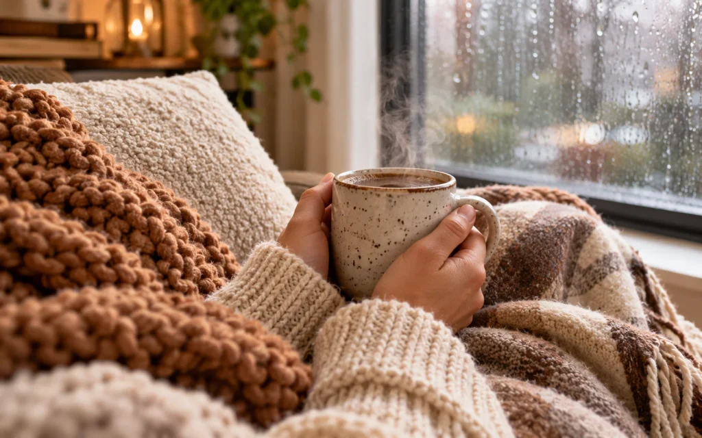 Hands holding a mug over layered knit textiles for cozy living room decor on a budget