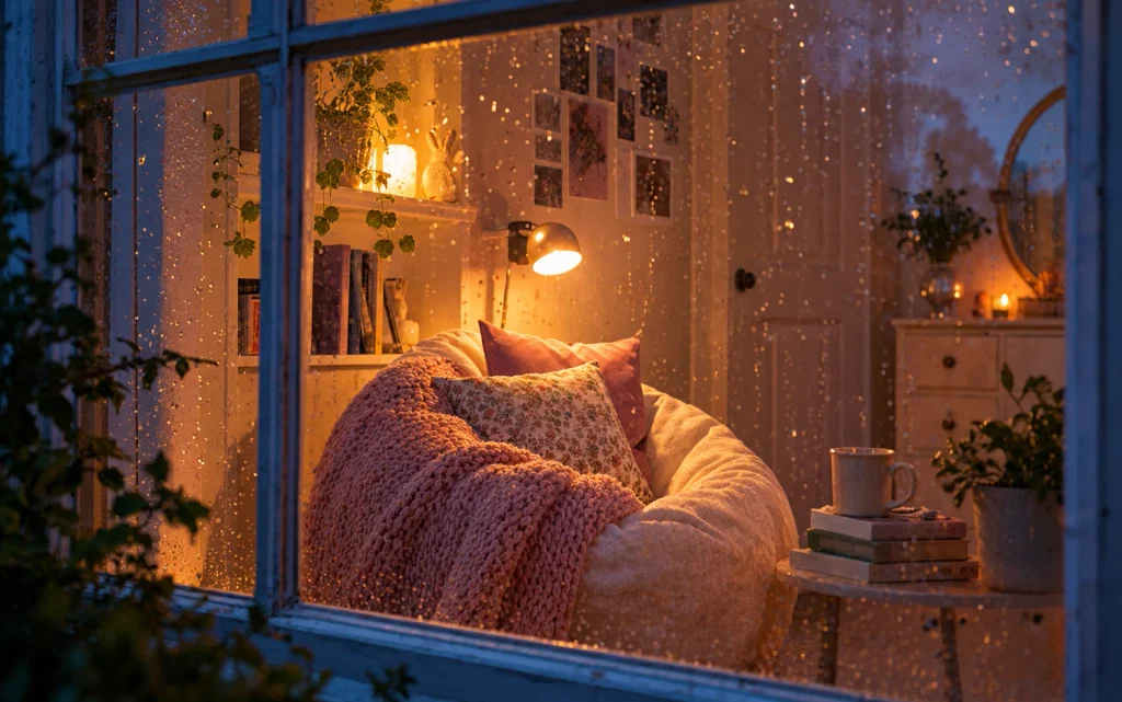 17 Bedroom Decor Ideas for a Girl: Cozy, Chic & Aesthetic 9 Cozy reading nook in a girls bedroom with pillows and a knit throw