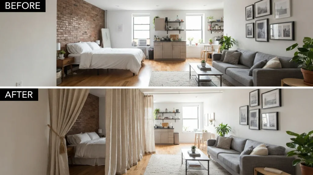 18 Budget Friendly Living Room Makeover: Cozy, Bold & Easy 12 Before and after curtain partition dividing a studio living room