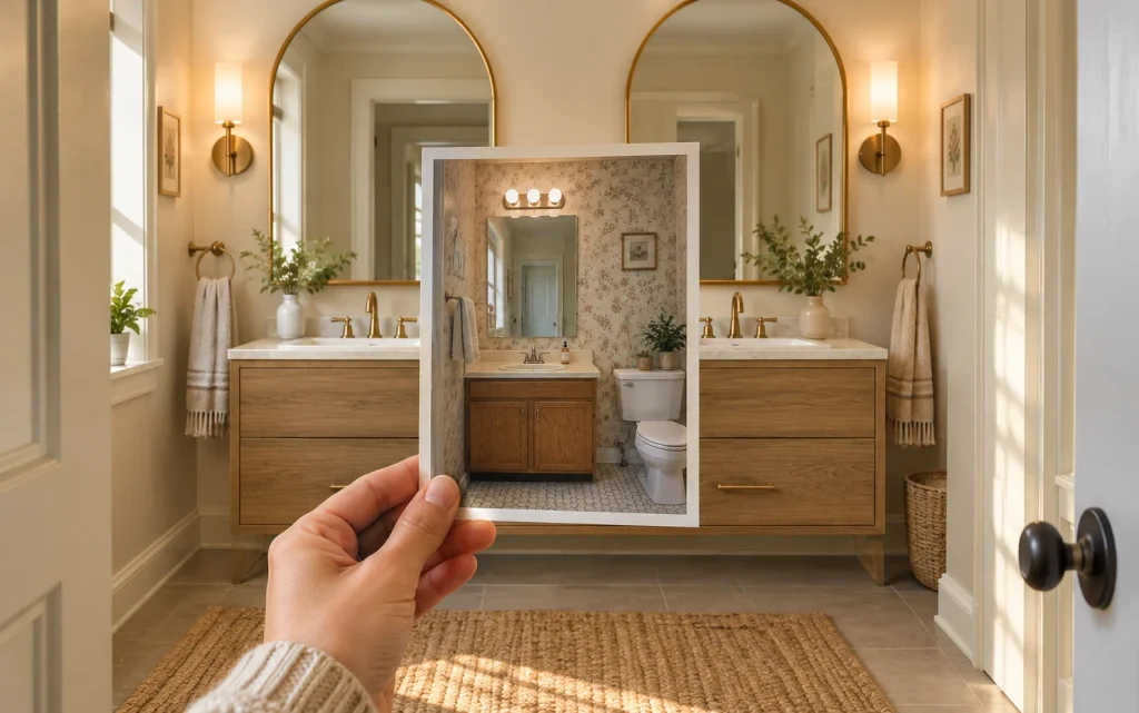 Hand holding an old bathroom photo in front of the finished double sink remodel