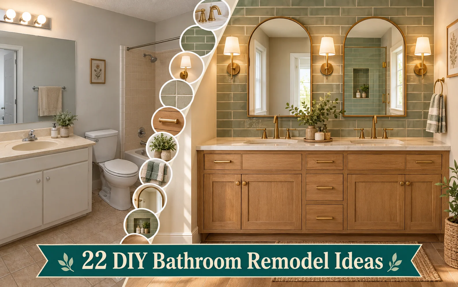 Before and after DIY bathroom remodel going from one sink to two with an oak double vanity