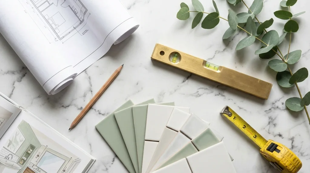 Planning kit with tile samples, level, and tape measure for a double sink bathroom remodel