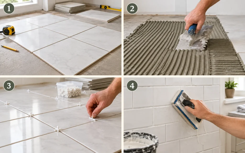 Four steps of tiling a bathroom wall behind a double vanity