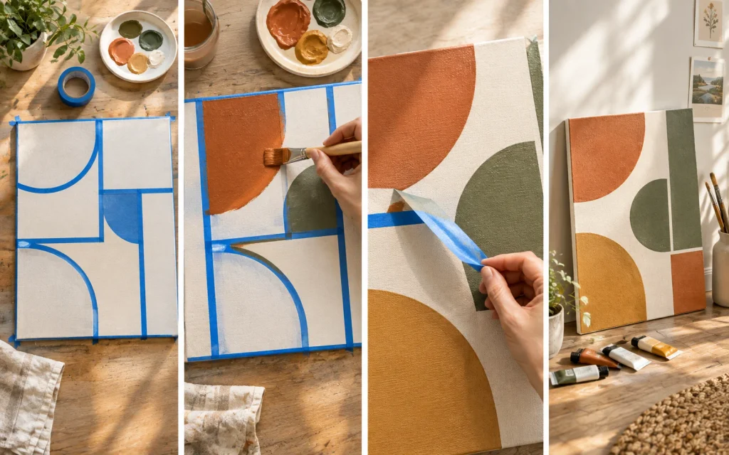 Four steps of painting a DIY classy abstract canvas for a living room wall