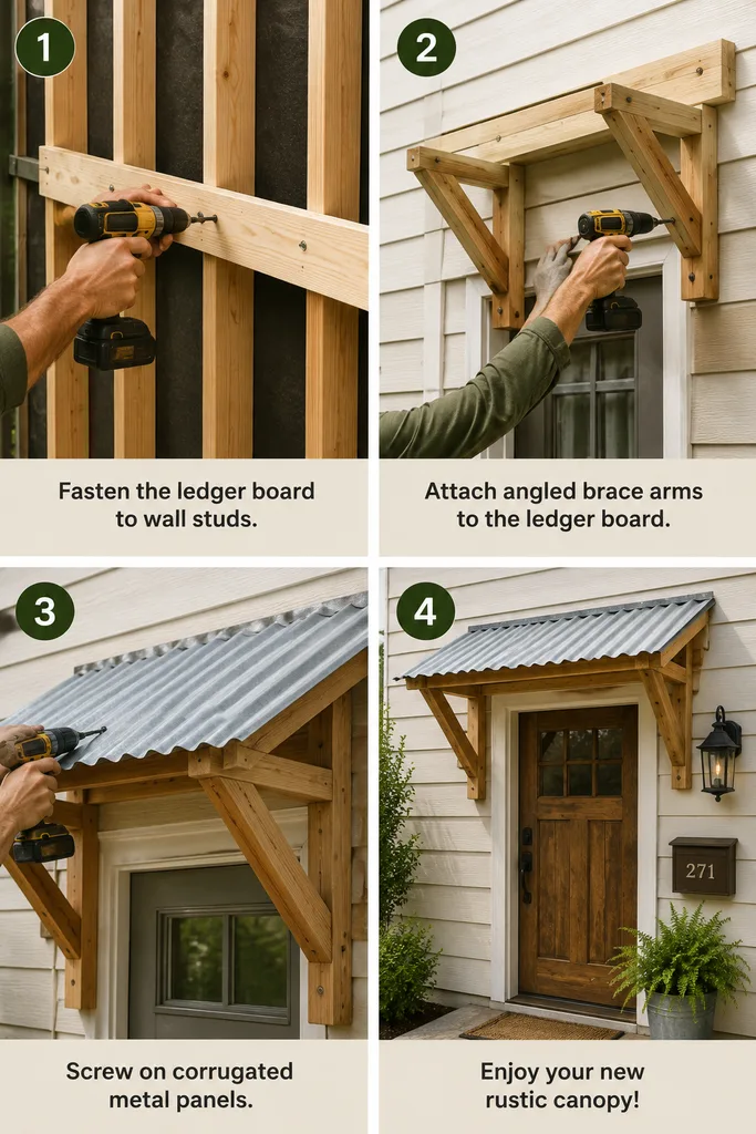 How to Add a Porch Canopy: 13 Stylish Ideas 7 Four steps to build a DIY wood canopy with a corrugated metal roof over a front door