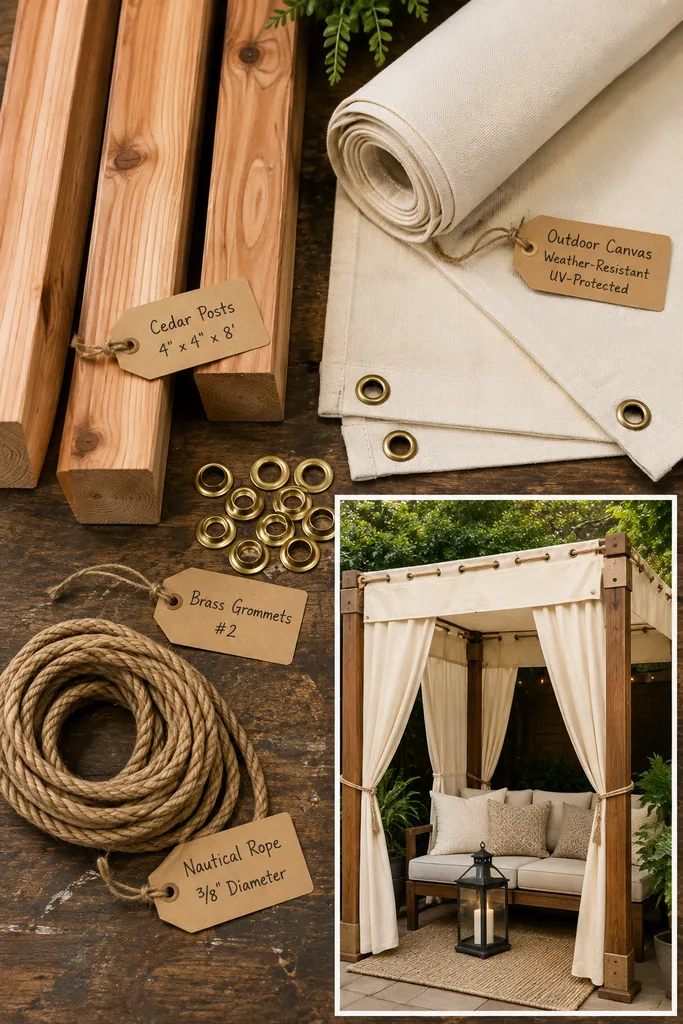 How to Add a Porch Canopy: 13 Stylish Ideas 8 DIY fabric canopy supplies and the finished cabana-style patio shade with cushions