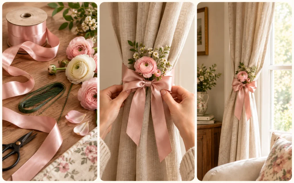 21 Living Room Decor Ideas Floral: Bright, Pretty & Cozy 9 Three steps of making DIY floral curtain tiebacks with ribbon