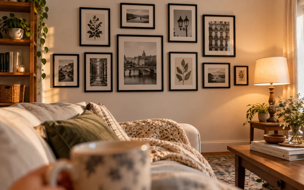 DIY gallery wall of matching thrifted black frames above a living room sofa