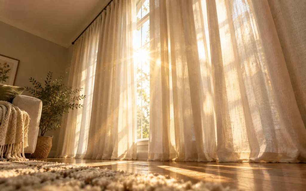 DIY no-sew linen curtains hung high with sunlight streaming through