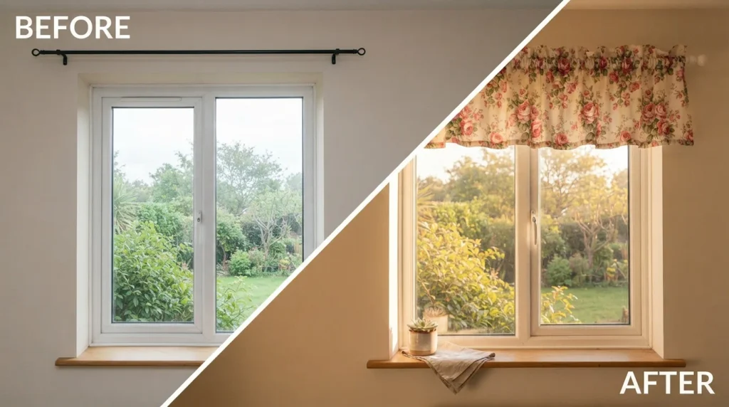 Before and after DIY no-sew floral valance above a living room window