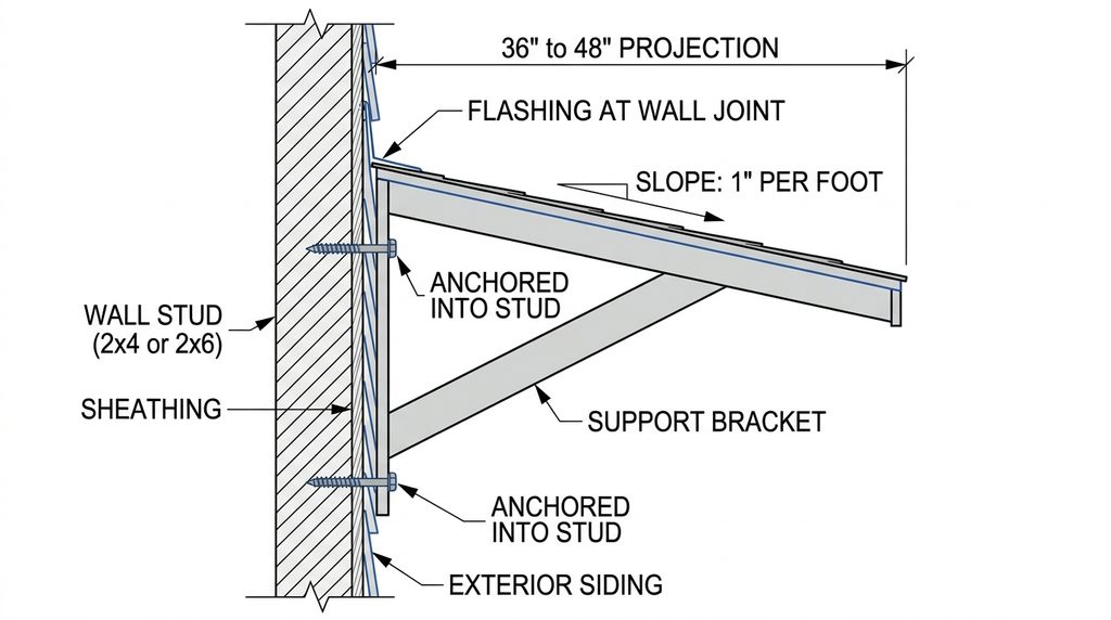 How to Add a Porch Canopy: 13 Stylish Ideas 13 Diagram of a front door canopy showing size, slope, flashing, and stud mounting