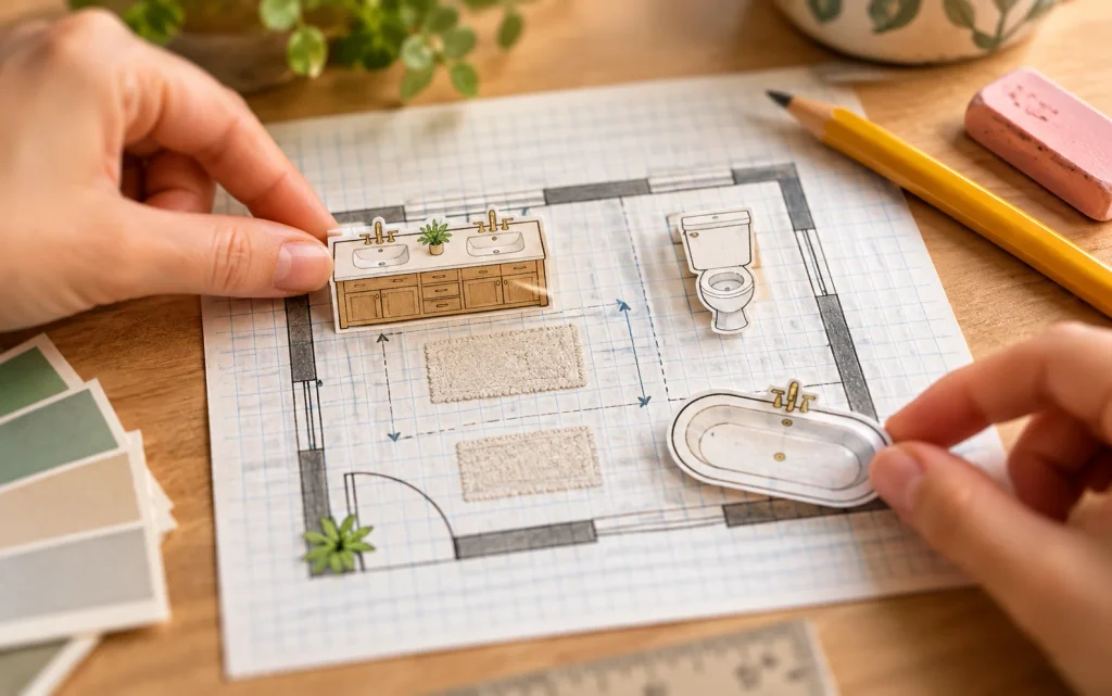  Graph paper bathroom layout with paper cutouts of a double vanity and tub